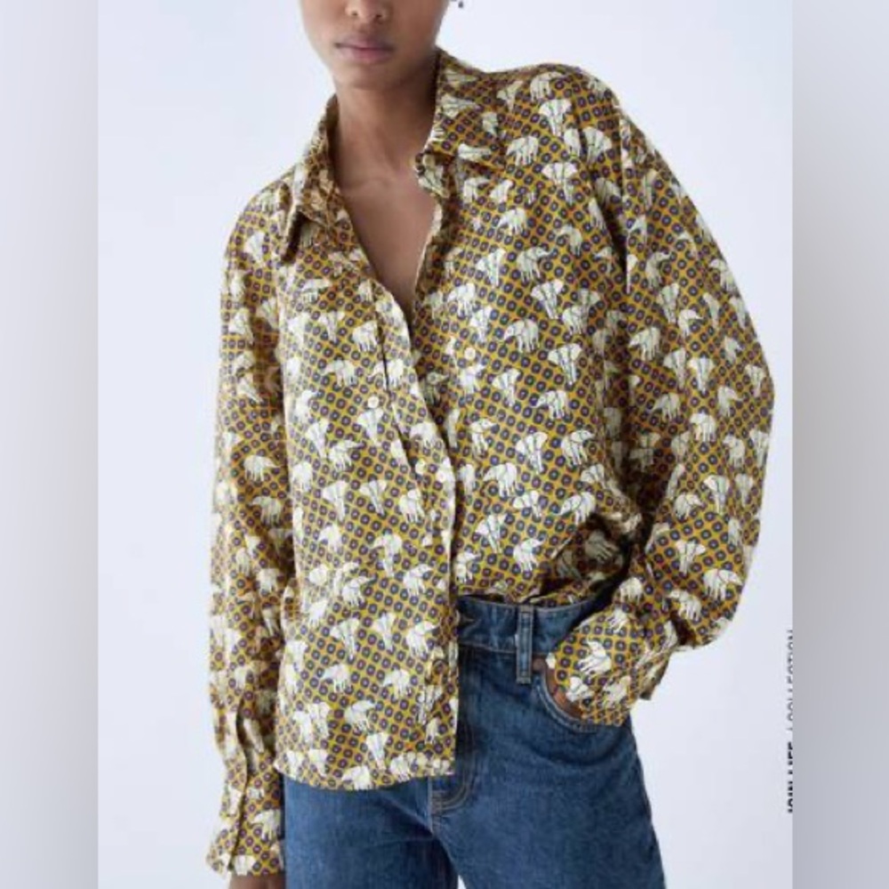 Zara Yellow, White and Brown Printed Button-Down Shirt